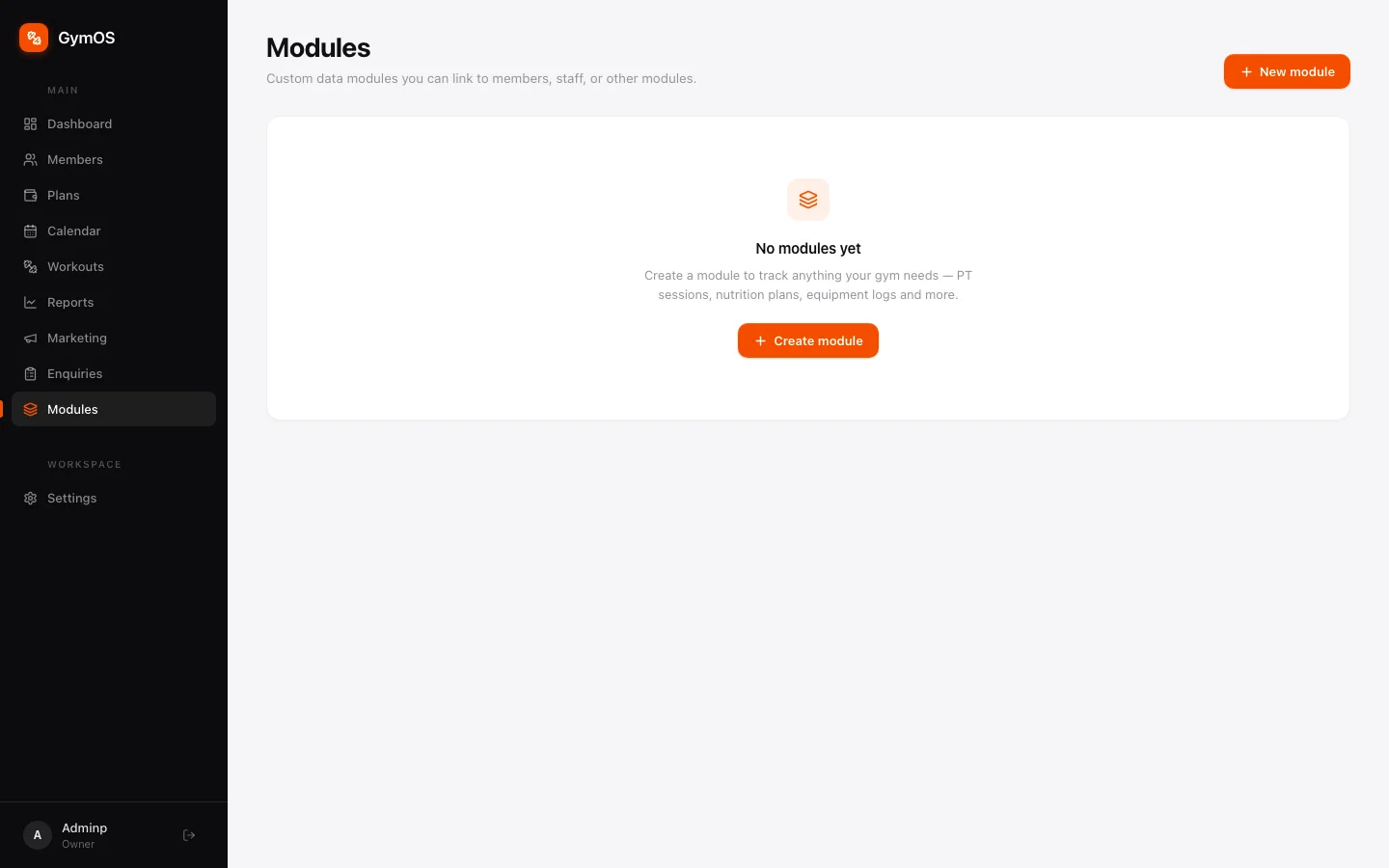 The Modules page, before any are created
