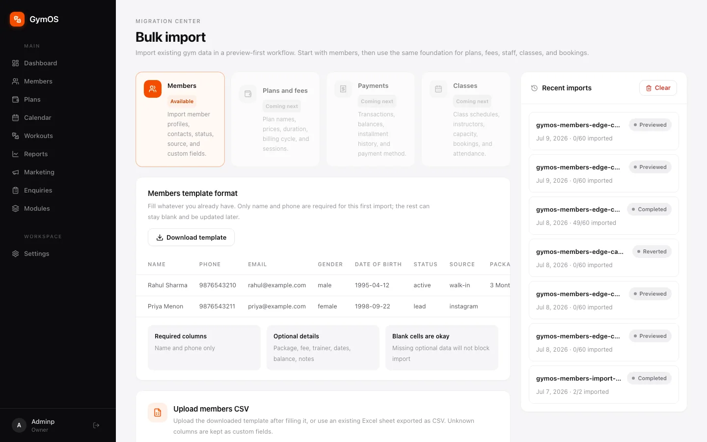 The Imports page