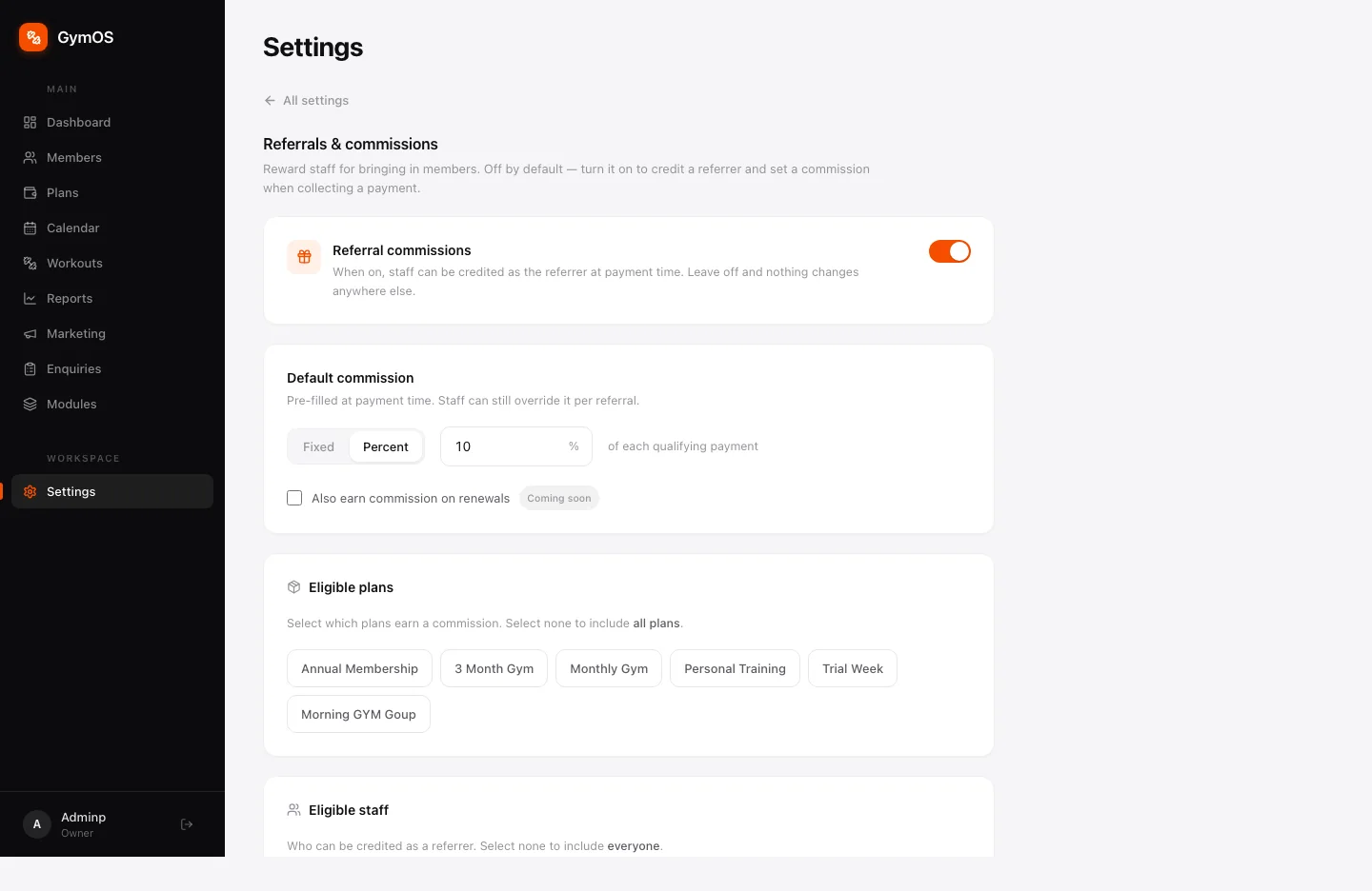 Referrals & commissions settings