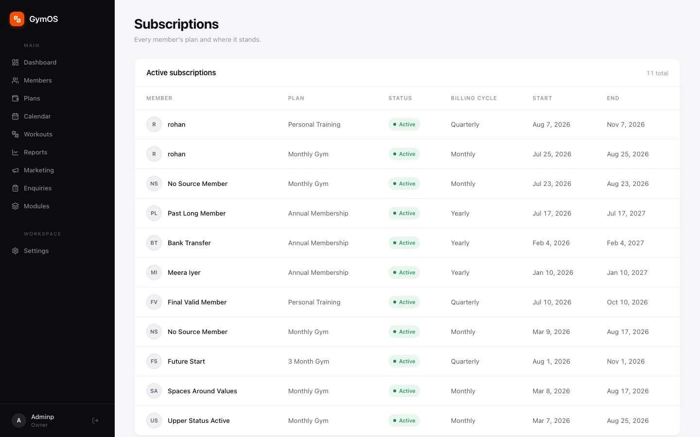 The Subscriptions list