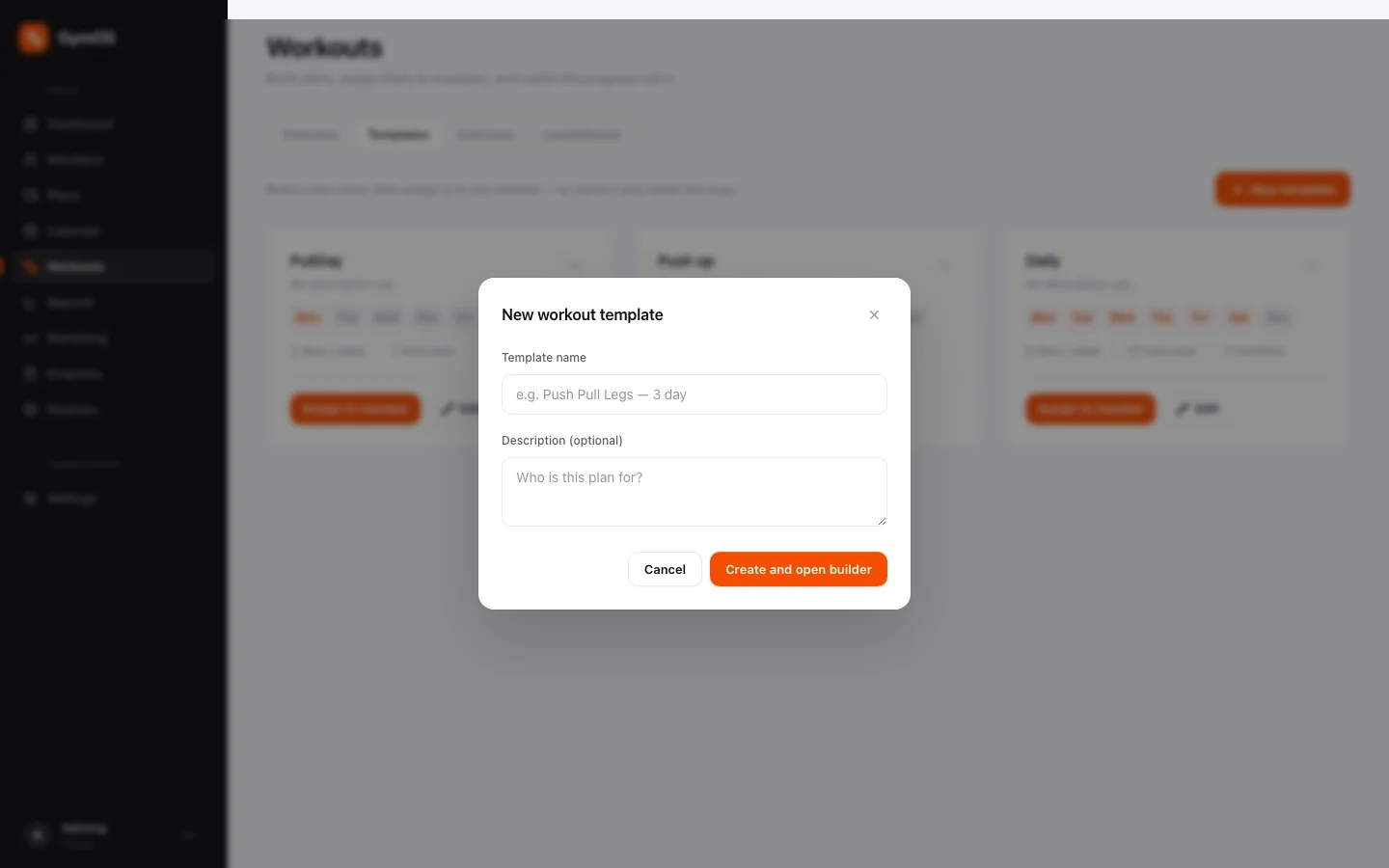 The New workout template dialog